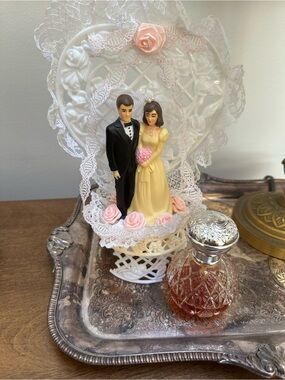 1980’s Wedding Cake Topper Bride & Groom with Pink Roses